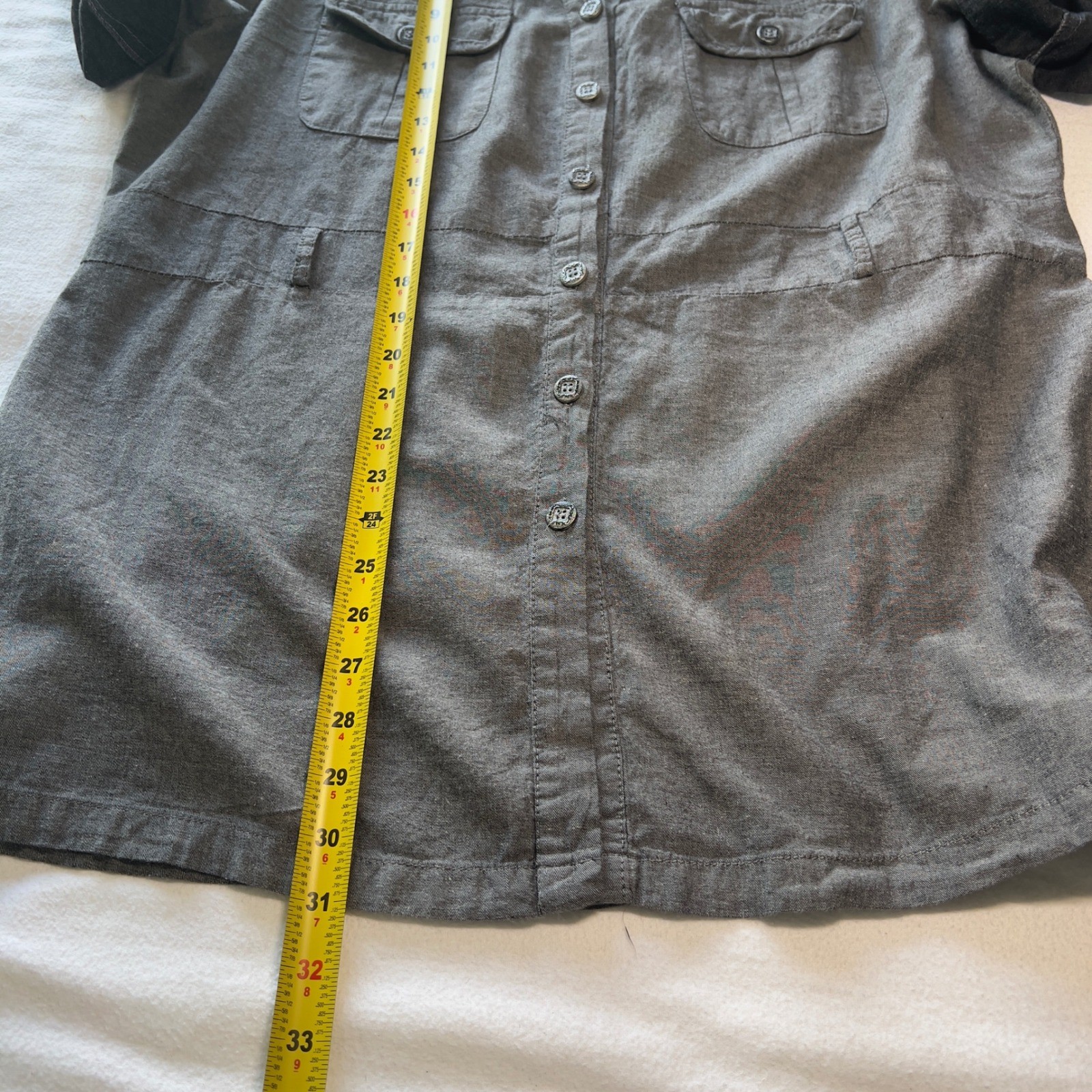 Jennifer Lauren Plus Grey Cotton Button Down Utility Shirt 2X Short Sleeve