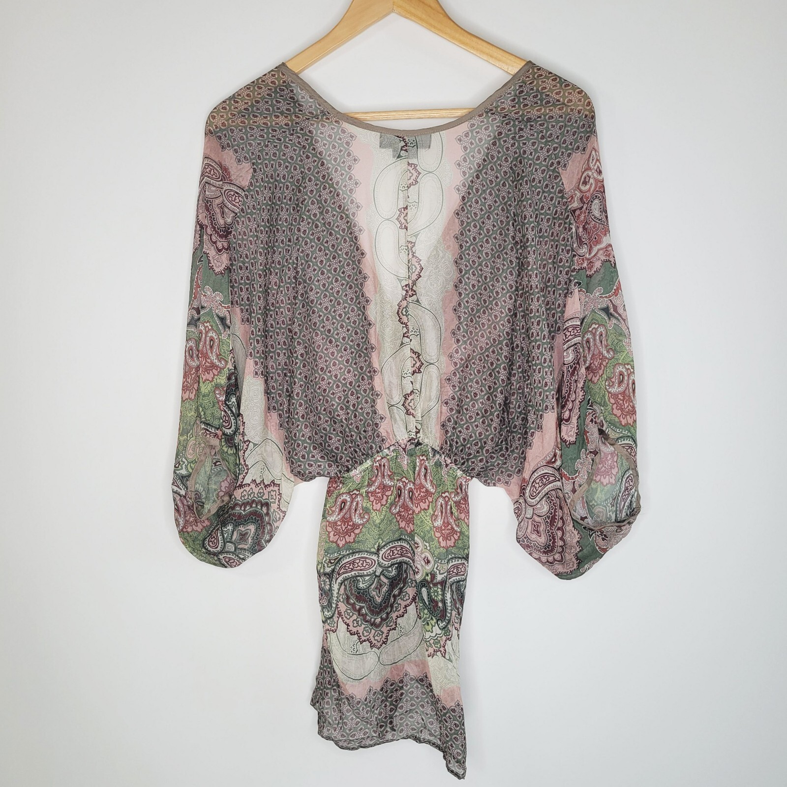KAREN KANE 100% Silk Paisley Kimono Top Size M Tie Waist Delicate Sheer Cover Up