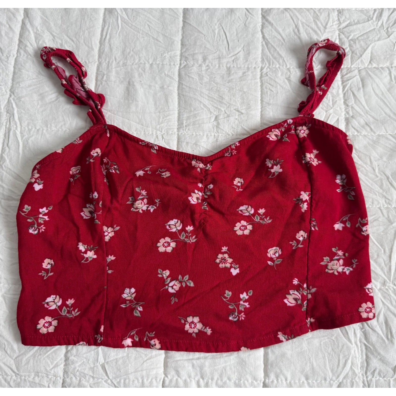 Cottagecore Red Floral Coquette Smocked Back Y2K Ruffle Strap Crop Top Large