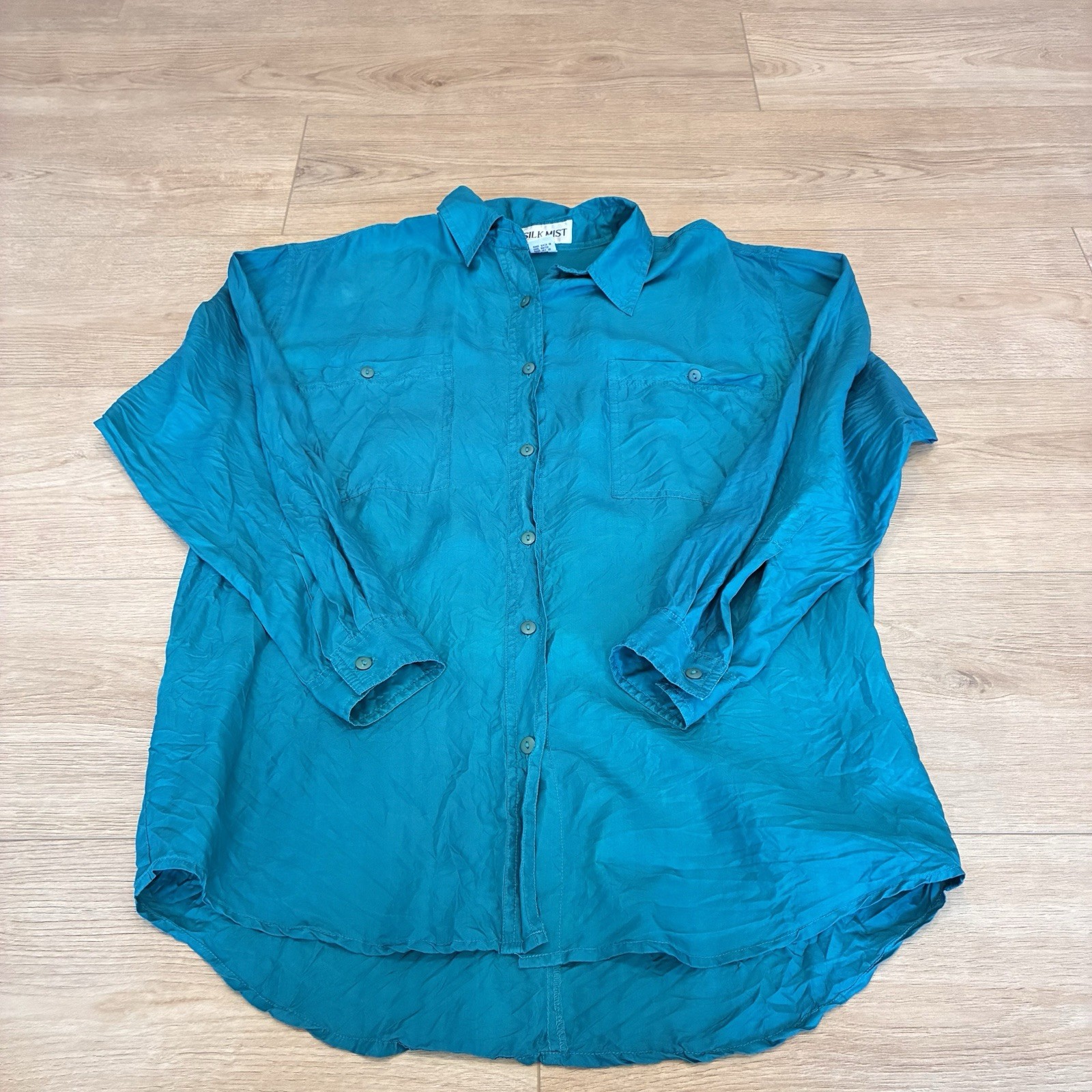 Silk Mist Teal 100% Silk Button Up Blouse Long Sleeves Size M Basic