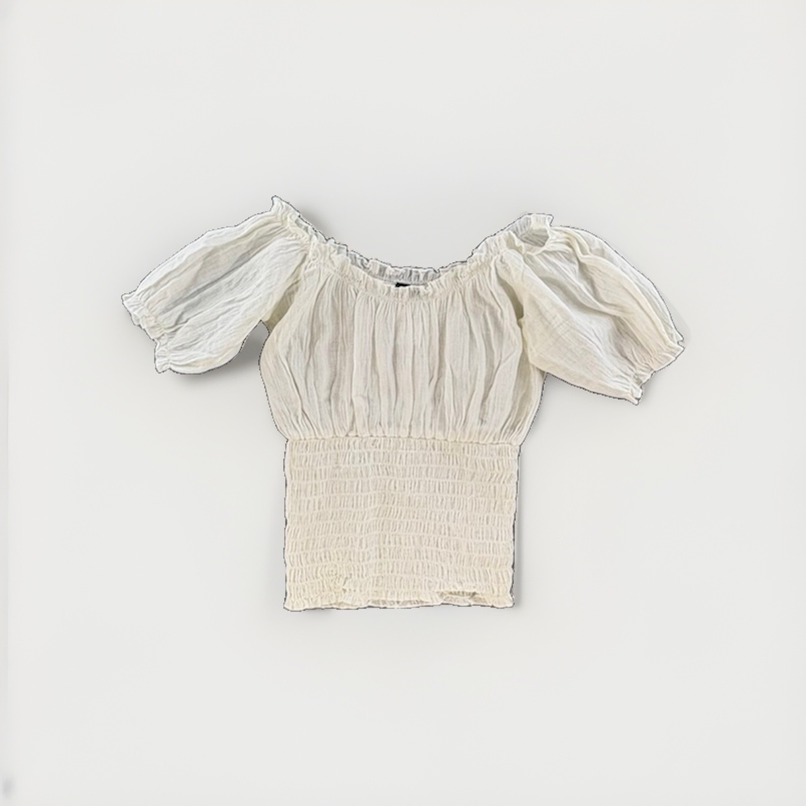 Venus 100% Cotton Off The Shoulder Smocked Crop Top White Small Puff Sleeve