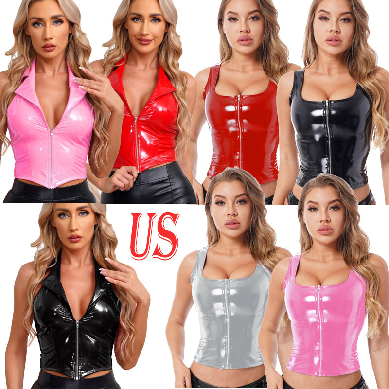 US Women’s Backless Latex Leather Crop Top Wet Look Vest Clubwear Club Clothes
