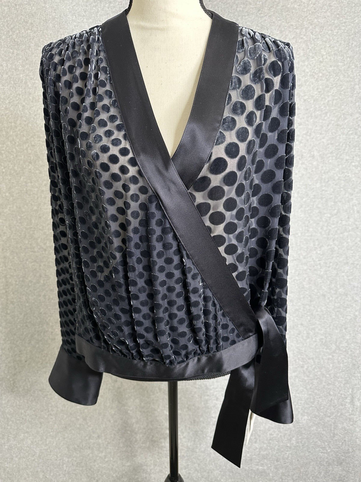 Worth New York Medium Polka Dot Top Black Silk Blend Semi Sheer French Cuff