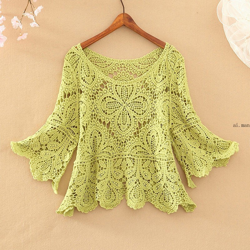 Women Crochet Crop Top Half Sleeve Hollow Bolero Shrug Shawl Sun Protection Top