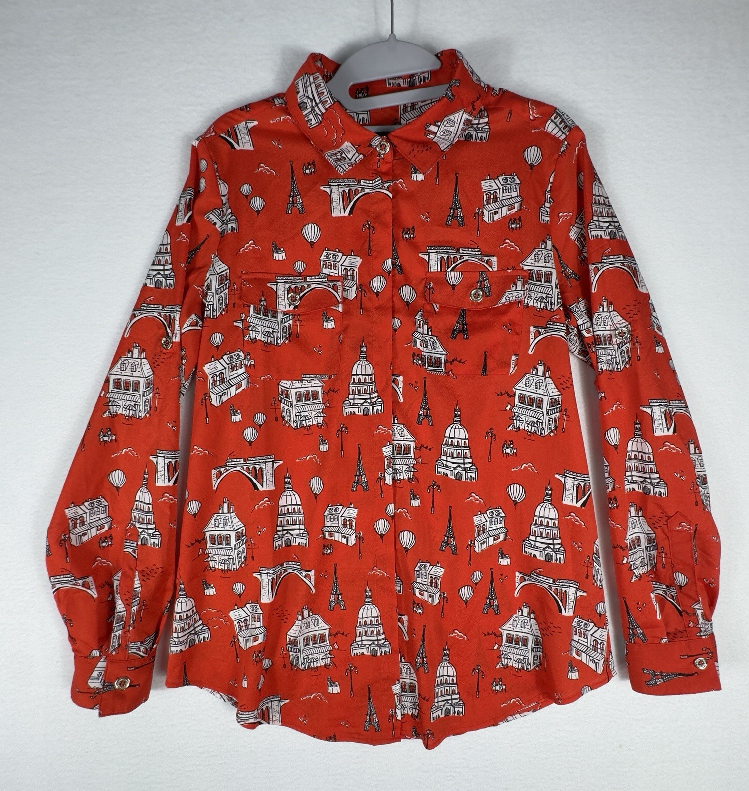 Karl Lagerfeld Paris Red Paris Print Blouse Eiffel Tower Novelty Shirt Small