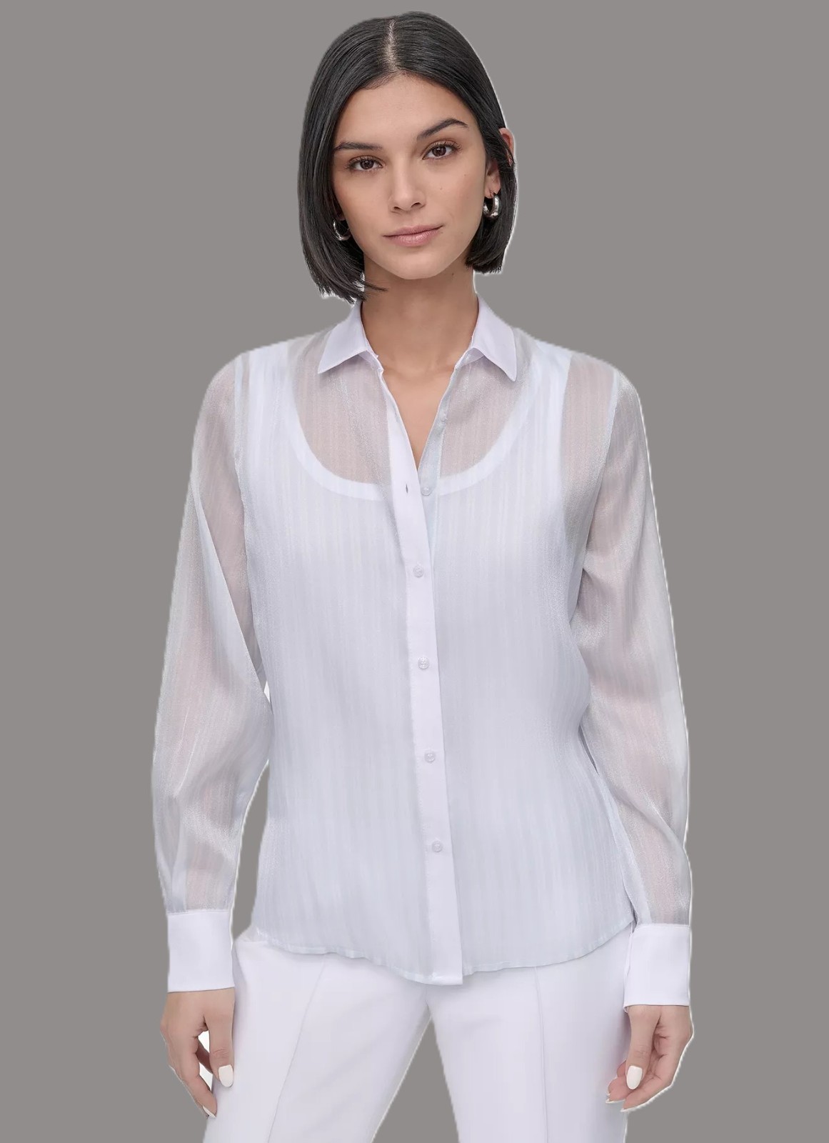 DKNY Pale Aqua Striped Sheer Organza Button Front Shirt, Size Large