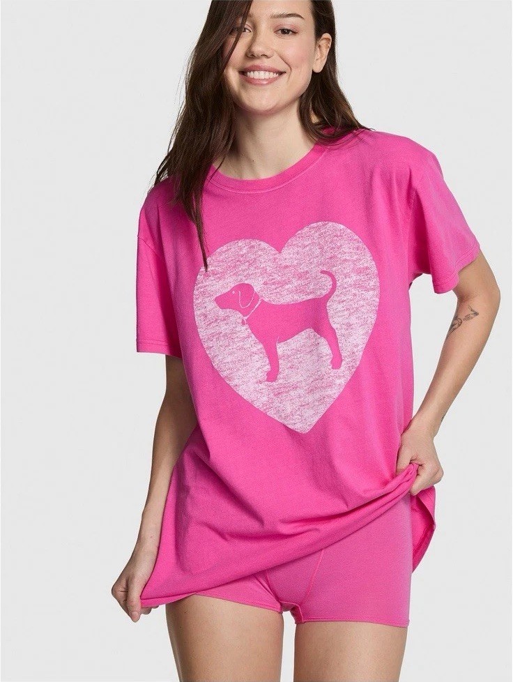 Victoria’s Secret Pink Campus Short Sleeve Tee Heart Dog Logo Pink XS S