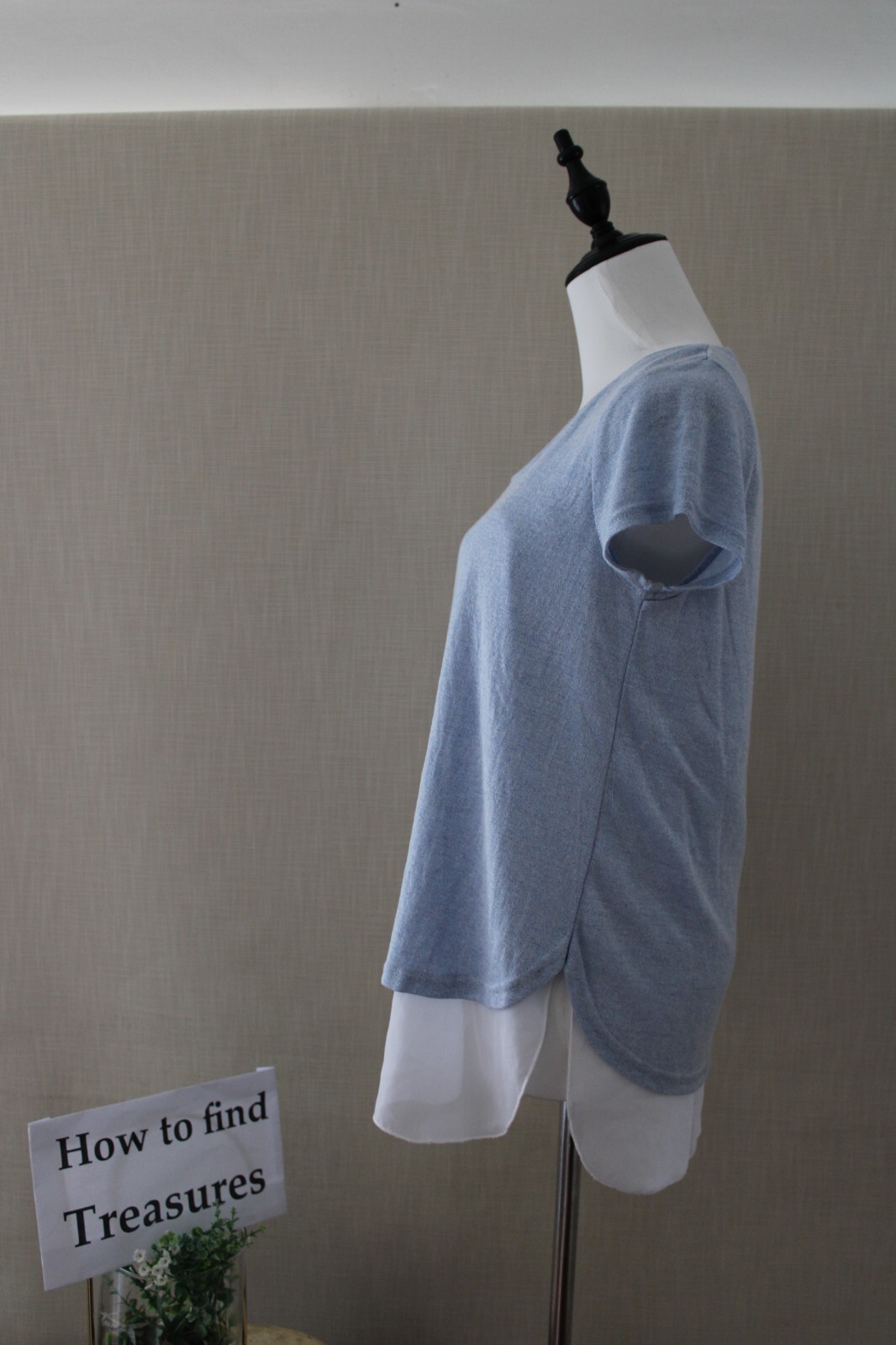 NK 38) SIZE 8 CAROLINE MORGAN BLUE WHITE KNIT CHIFFON CONTRAST SHORT SLEEVE TOP