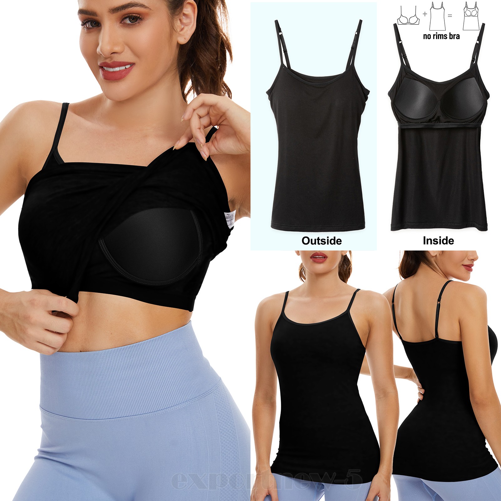Women Cami Built in Bra Adjustable Spaghetti Strap Plus Size Top Sewn-in Padded
