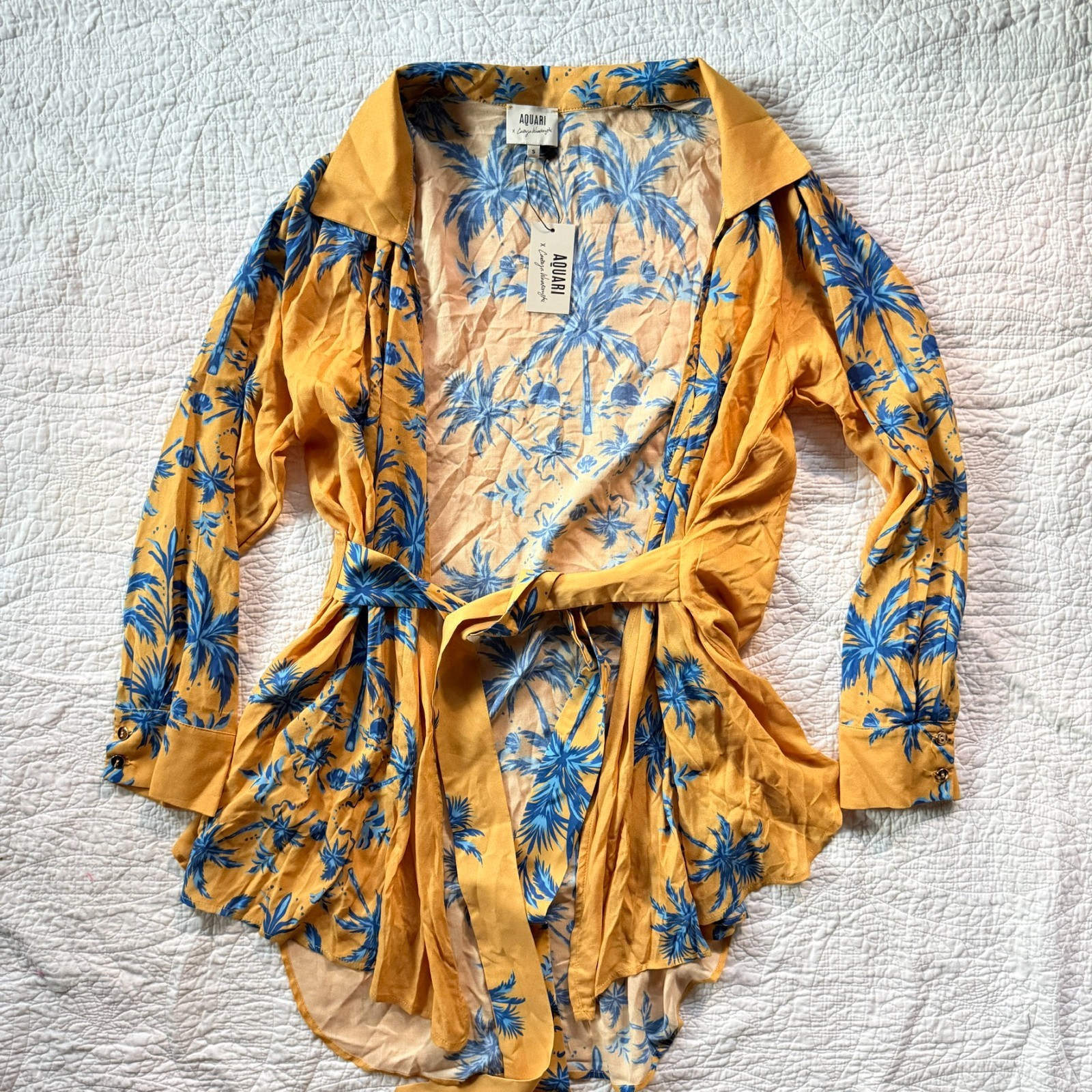 $198 NWT Aquari Yellow Blue Palm Tree Robe Wrap Dress Size S Boho Resort Wear