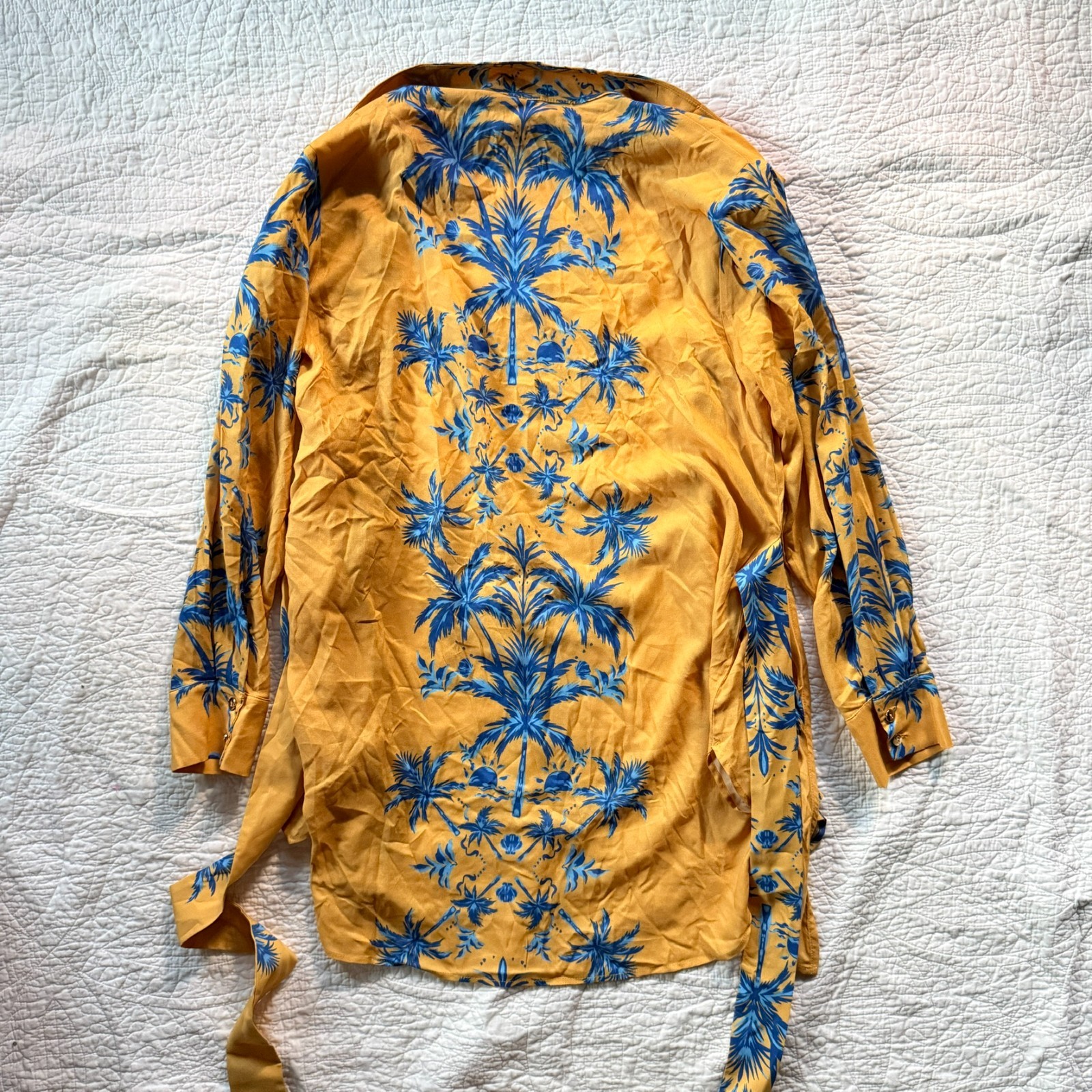 $198 NWT Aquari Yellow Blue Palm Tree Robe Wrap Dress Size S Boho Resort Wear