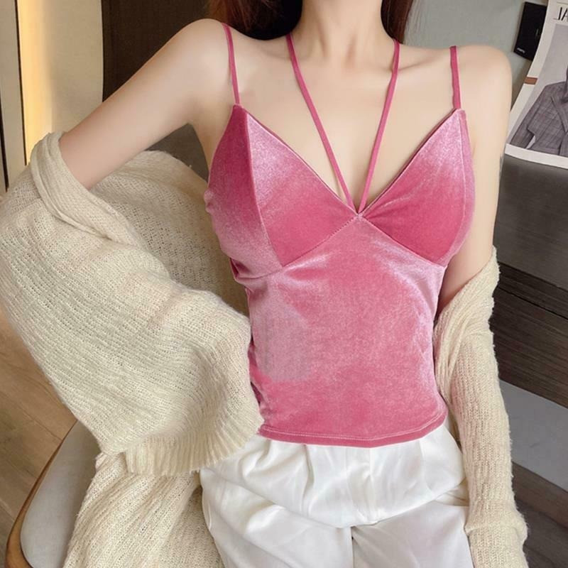 Lady Velvet Halter Camisole Tank Bustier Bra Vest Crop Top Slim Spaghetti Strap