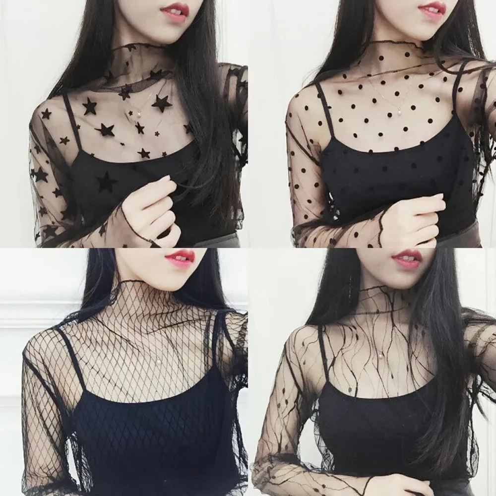Mesh Sheer Floral Lace Top Women Long Sleeve See Through Sunscreen Blouse