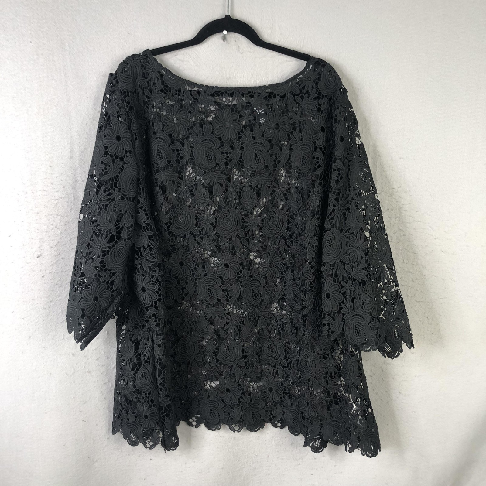 June + Vie Tunic Blouse Womens 32W Plus Black Crochet Lace Sheer Party Boho