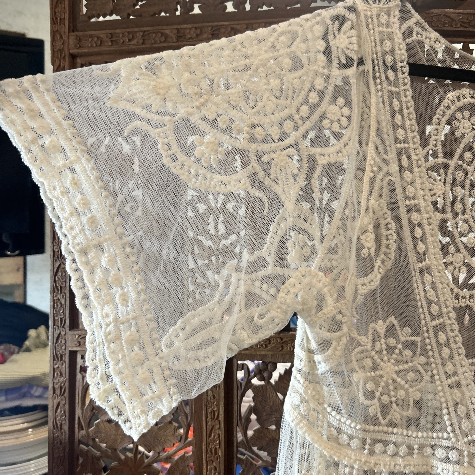 Sheer Ivory Lace Duster Tie Front Long Kimono Womens XL Goddess Romantic Boho