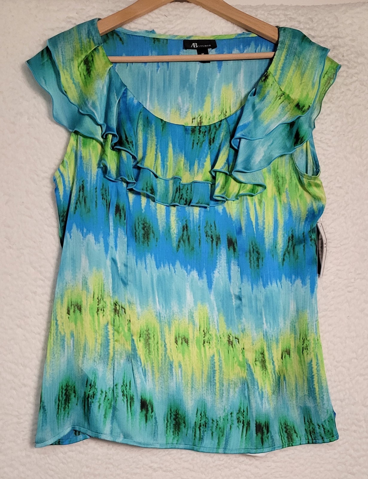 AB Studio Womens Blouse Size XL Sleeveless NEW Blue Green Lined Ruffles 1447