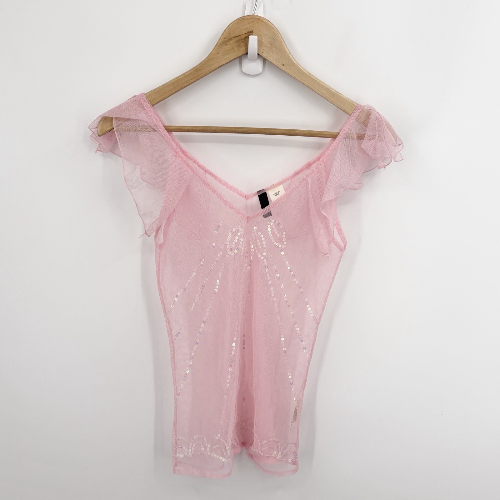Y2K Mesh Sequin Top XSmall Fairy Pink Coquette Indie Sheer Boho Whimsy Princess