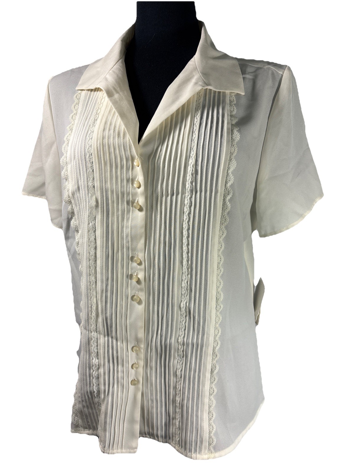 NWT Judith Hart Cream White Ivory S/S Pintucks Button Blouse Top Lace Sz 16 Poly