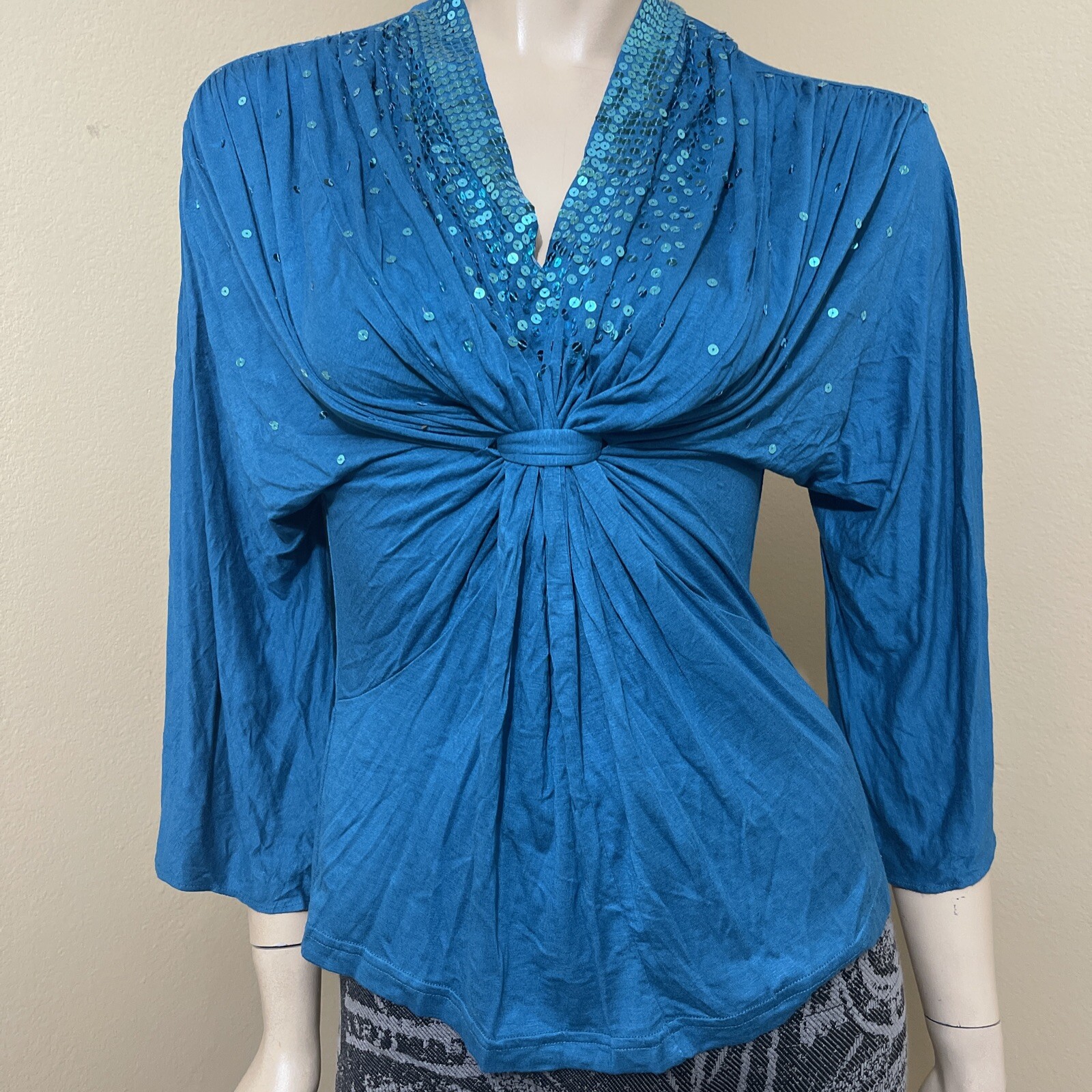 Women’s Teal Rayon Casual Party Stretch Beaded Pleated Bow Size S Blouse Top