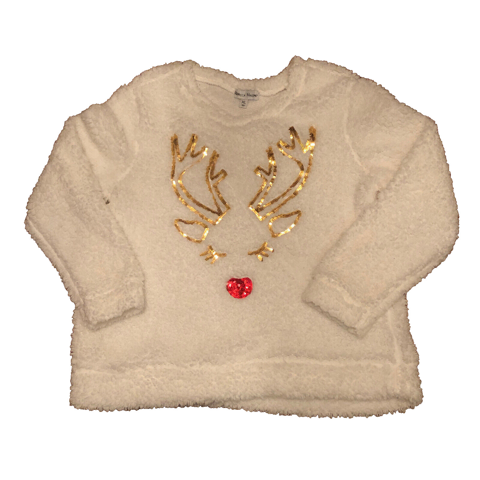 Rebecca Malone XL Christmas Sweater Top Gold Reindeer Face on White Faux Sherpa