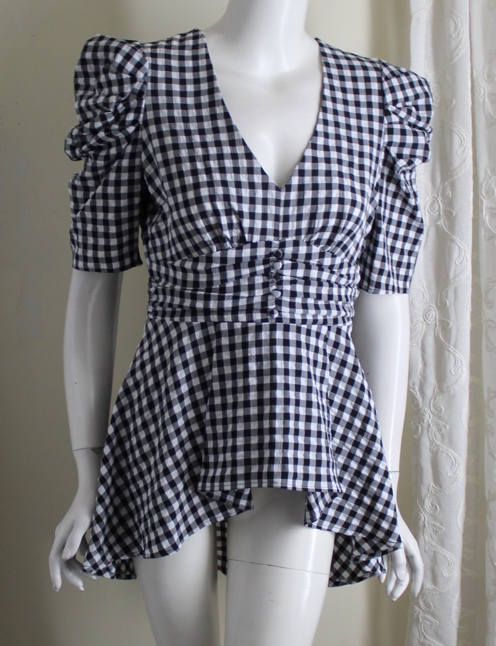 Boston Proper Sz 10 Black White Gingham Check Flirty 30s Peplum Blouse Shirt M L