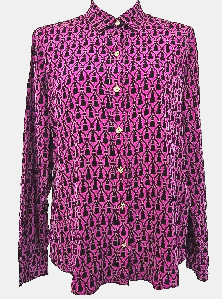 C Wonder Tory Burch Shirt Womens S Black Pink Tassel Print Silk Button Up Blouse