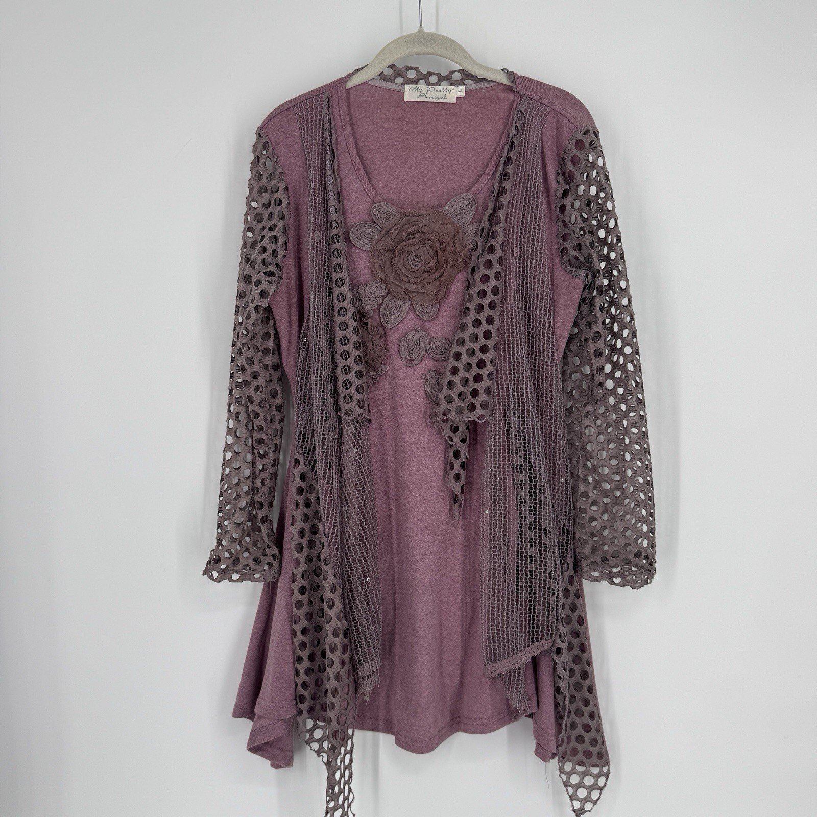 Vintage y2k 90s top shirt large L purple lace floral lagen look boho bohemian