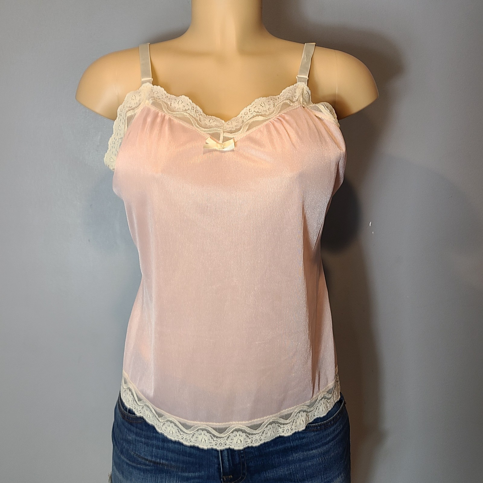 Vtg Tank Top Cami Fairy Dreamy Pink Lace Coquette Sheer Size Medium 70s Ethereal