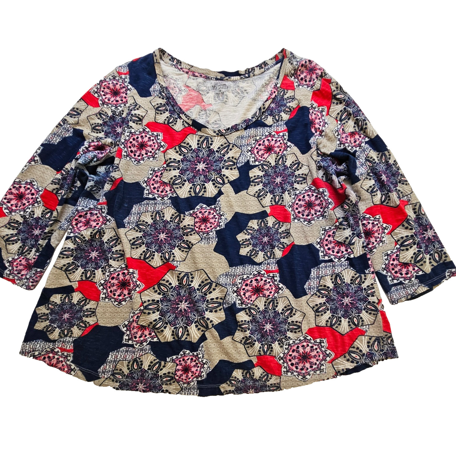 New Directions Weekend Top Womens 1X Navy Tan Red Print 3/4 Sleeve Pullover