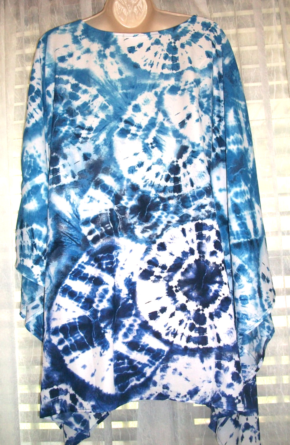 BELLE~KIM GRAVEL~PLUS 4X BLUE WHITE TIE-EYE KIMONO STYLE RELAXED BOHO TOP BLOUSE