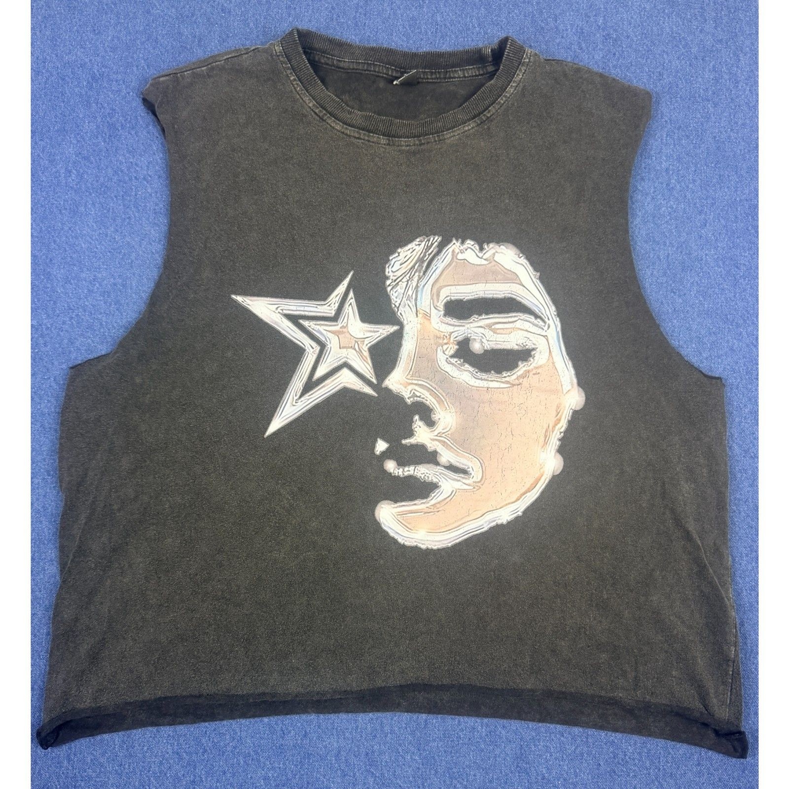 manfinity M Womens Black Graphic Sleeveless T Shirt Faded Y2K Distressed Face