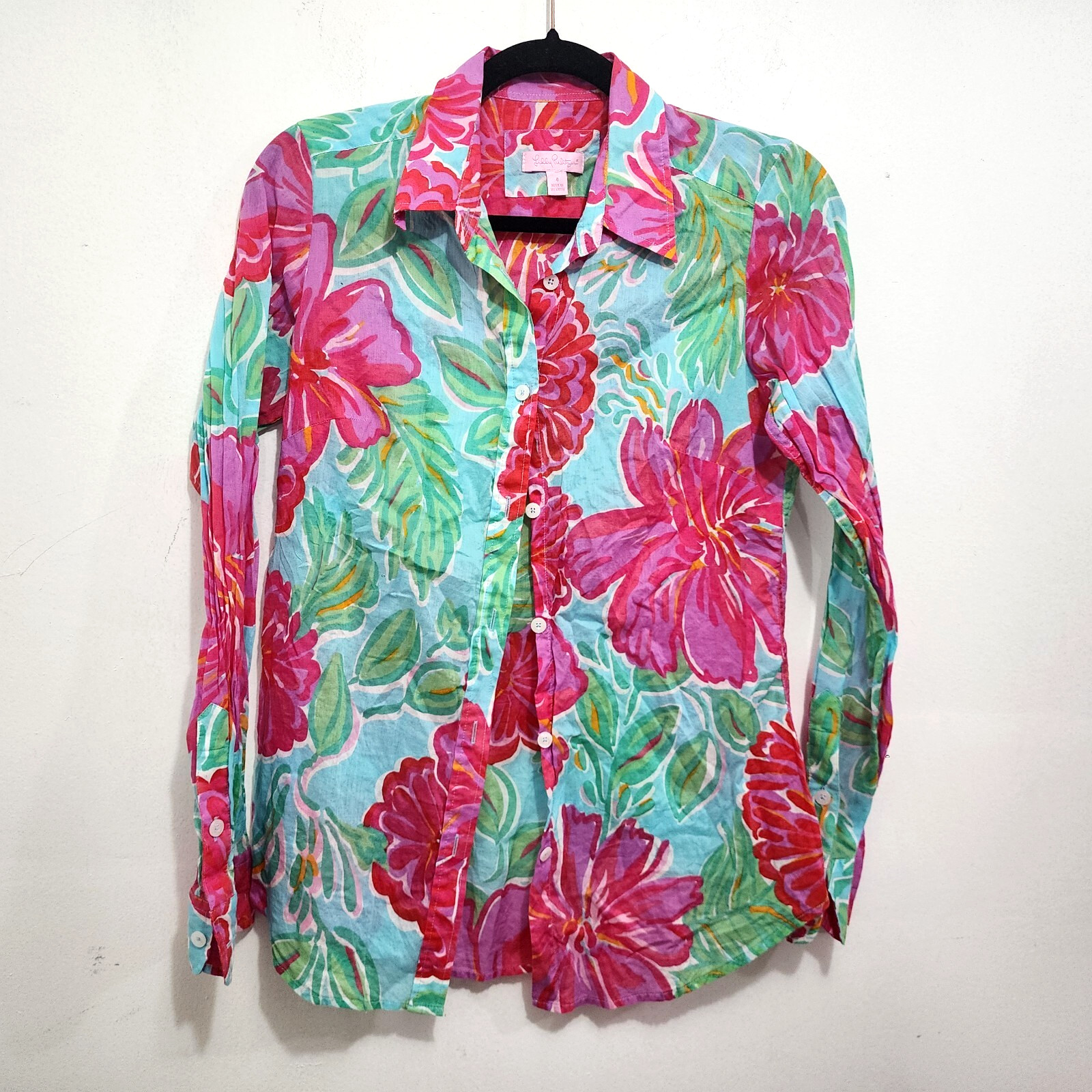 Lilly Pulitzer Button-Front Shirt Shorely Blue Bellina Floral Women’s Size 4