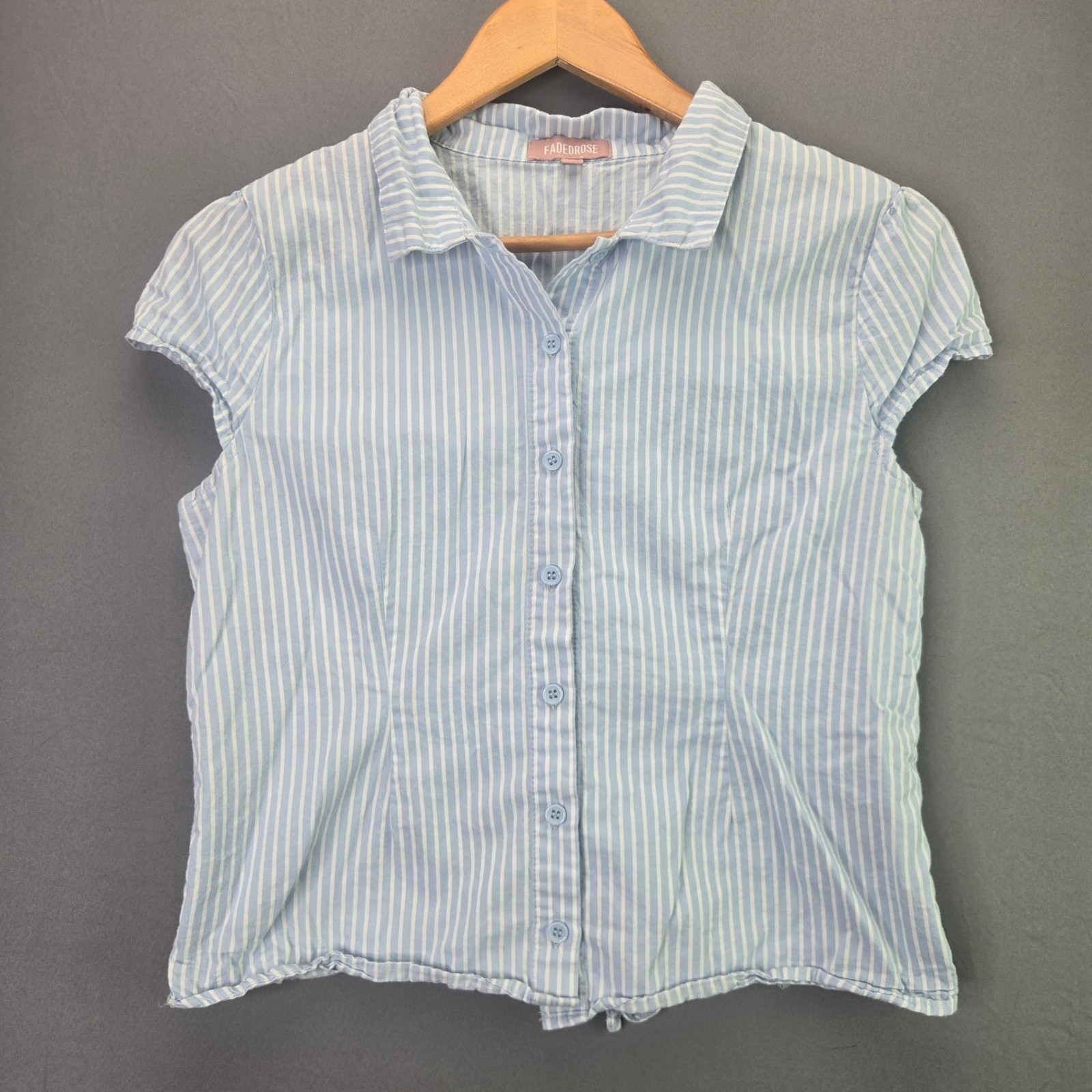 Faded Rose Button Up Blouse Top Size M Blue White Stripe Short Sleeve Tie Back