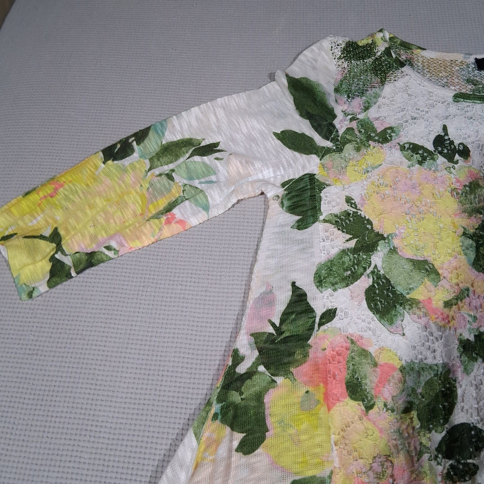 Melissa Paige Petite Floral Lace Yoke Ruffle Top Green Yellow Rose Cottagecore