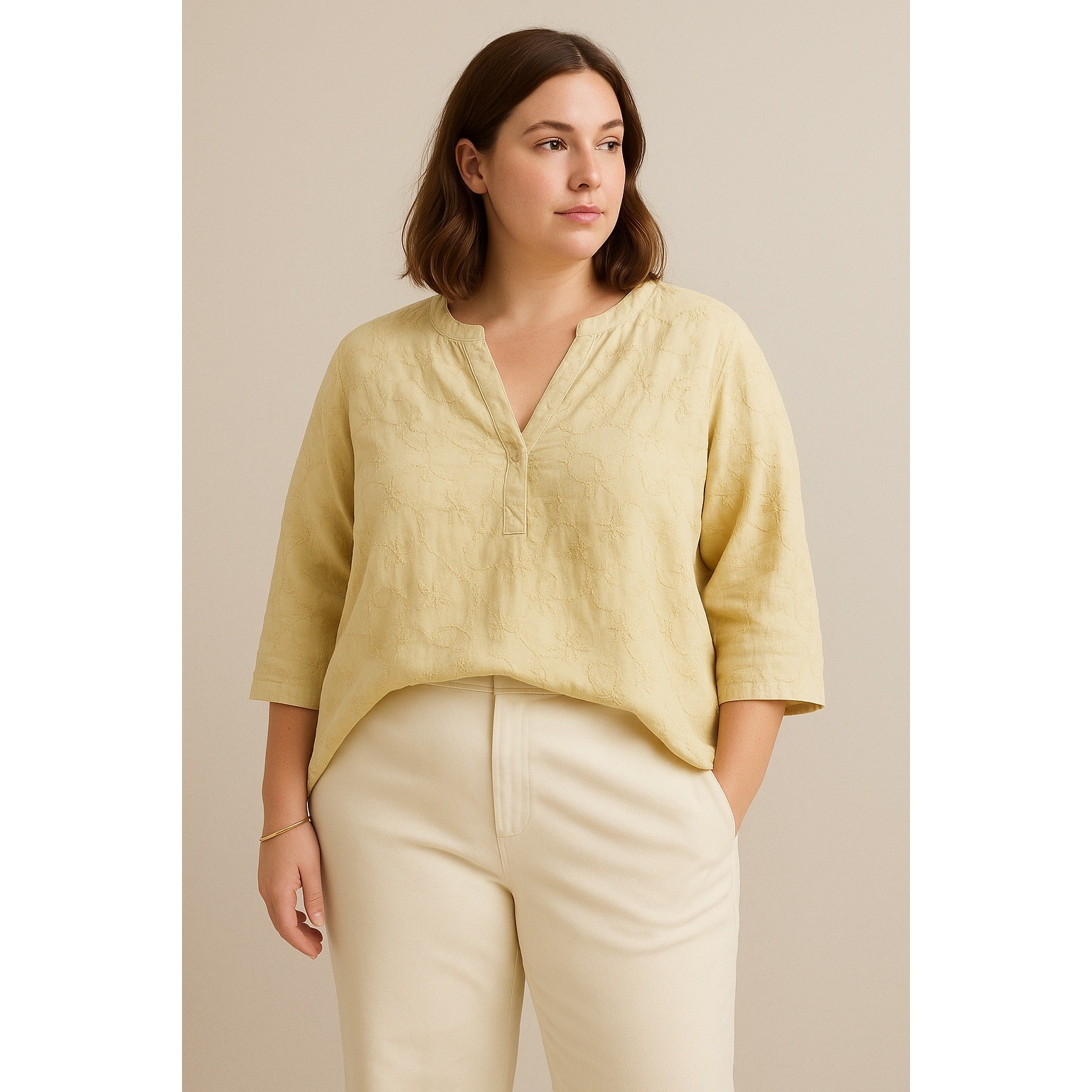 Quiet Luxury Linen Blouse 3X Neutral Embroidered Minimalist Natural Fiber Top
