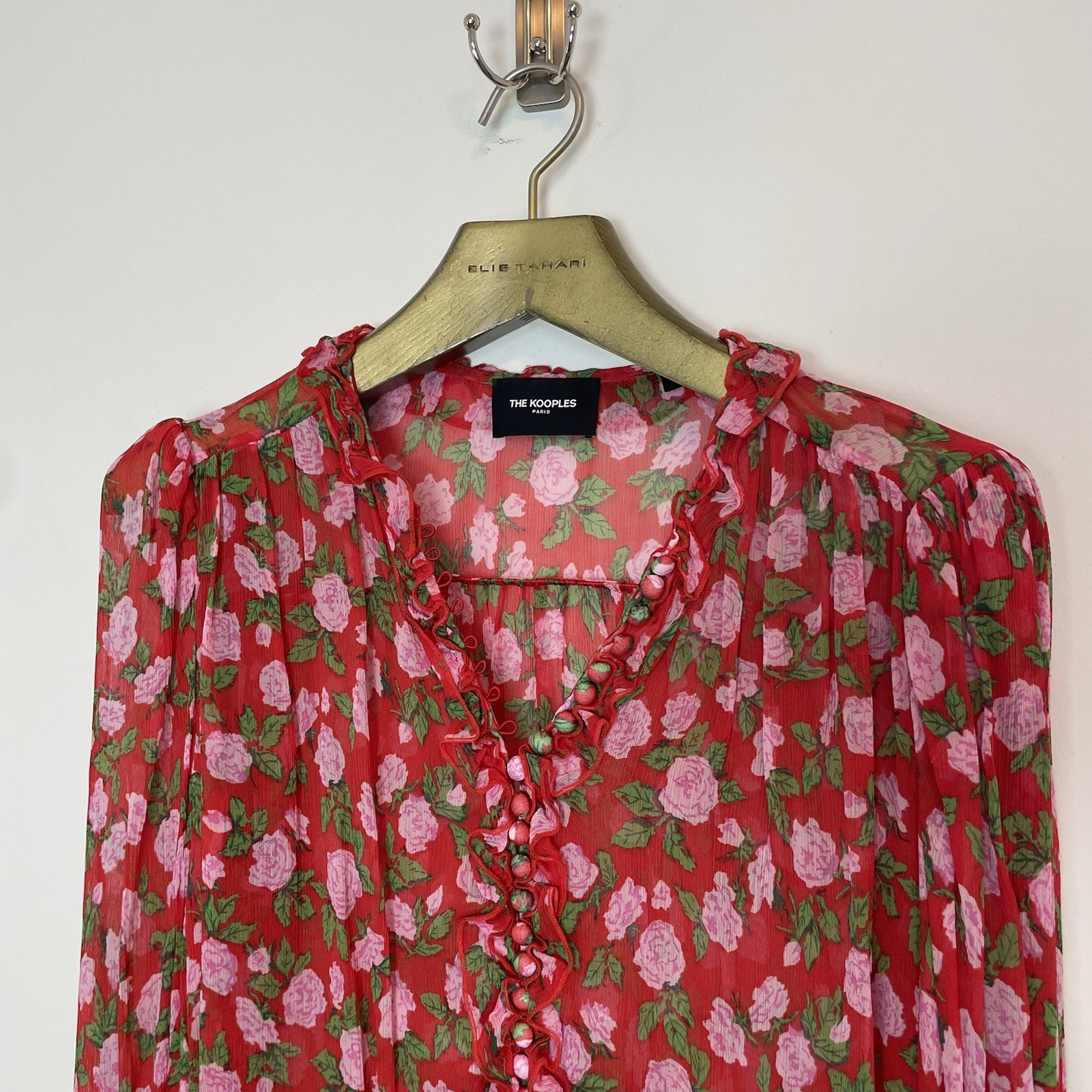 THE KOOPLES Floral Rose Button Down Sheer Victorian Blouse Sz 1 S Small Silky