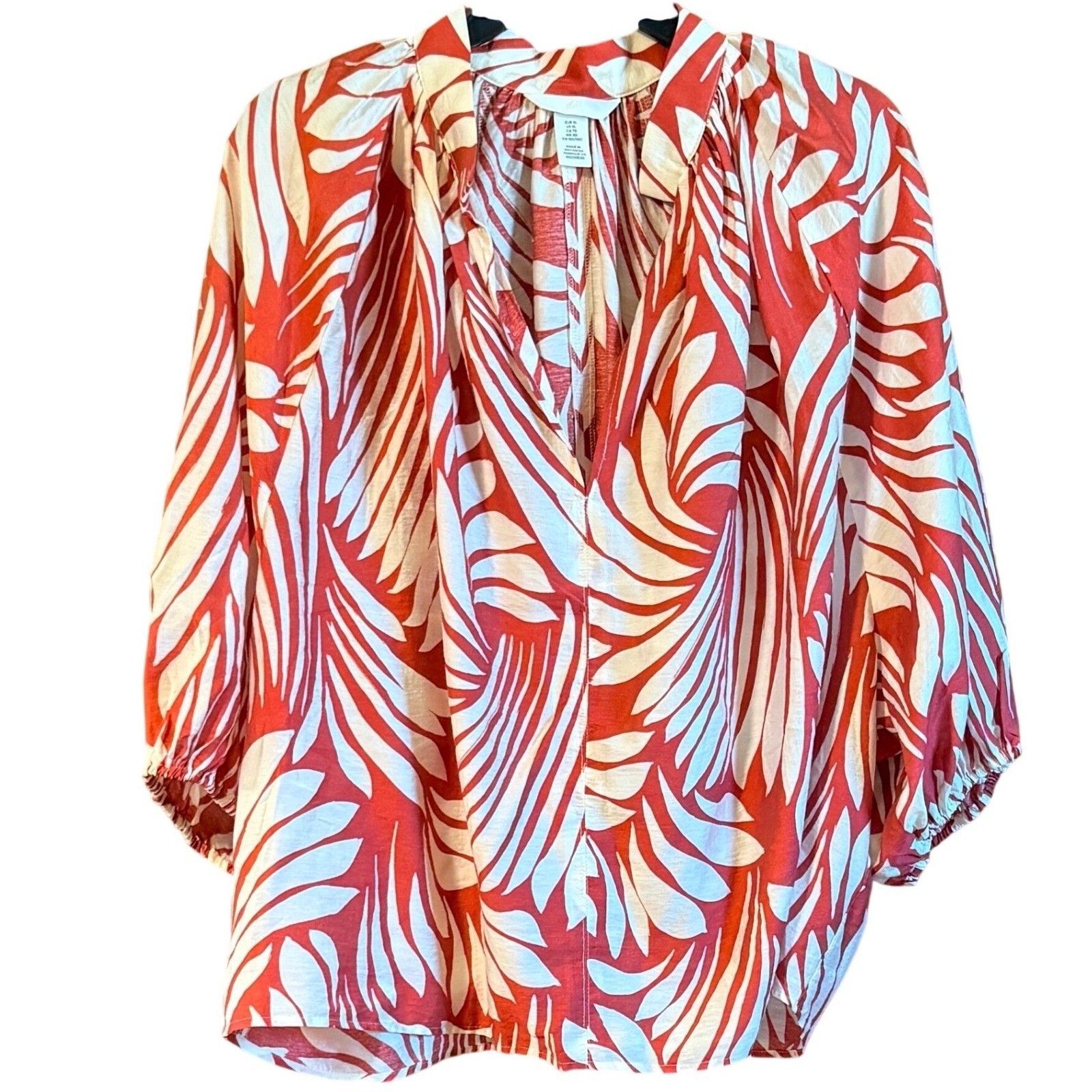 Terracotta White XL V-Neck Palm Leaf Print Balloon Sleeve Blouse Top Floral
