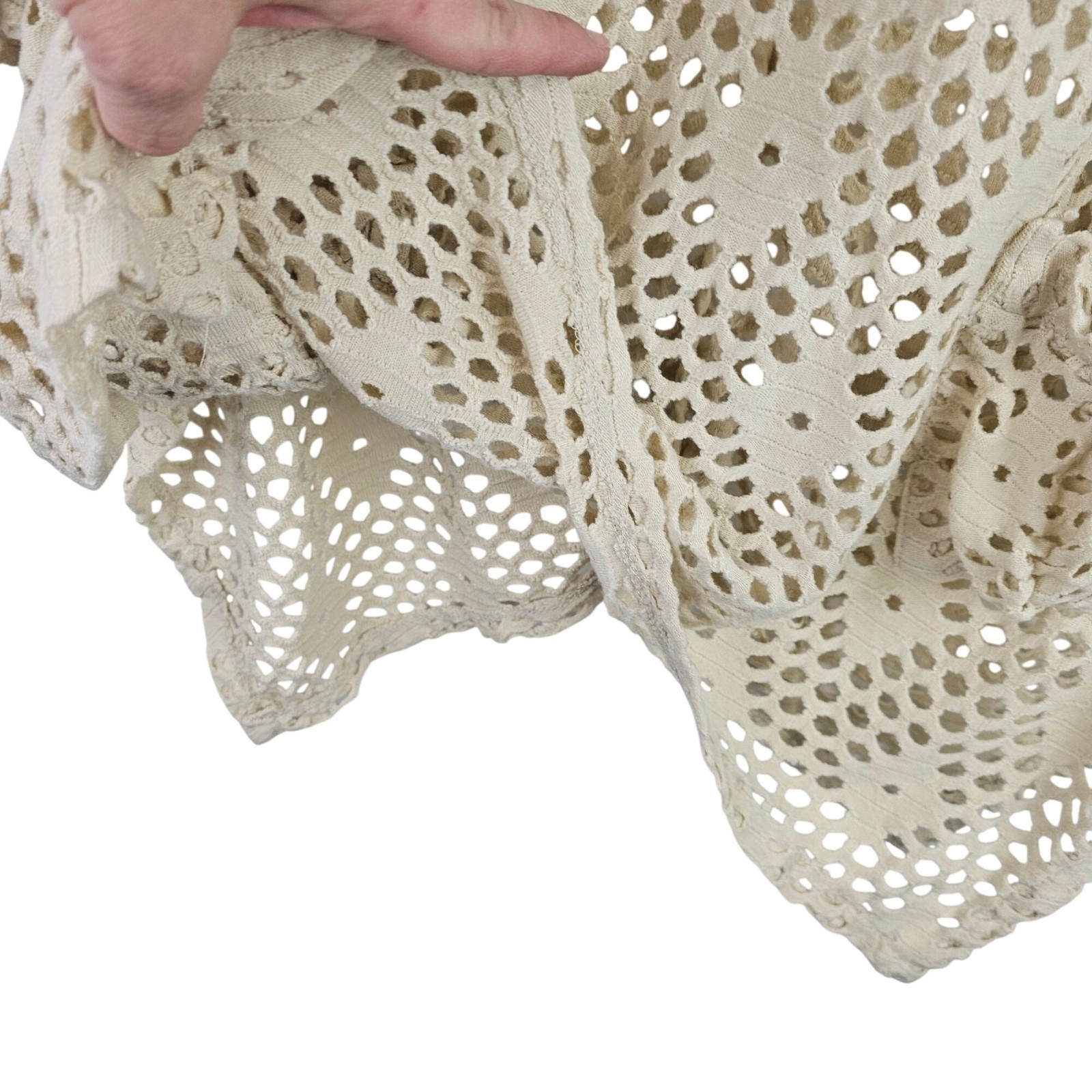 Crochet Tunic Women M Acrylic Coverup Cream V-Neck Boho Open Knit Pockets Beach