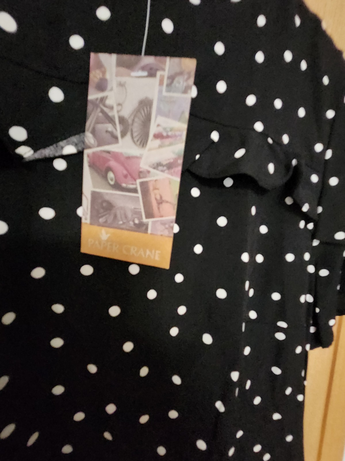 Paper Crane Black/White Polka Dot Mock Neck Ruffle Flutter Sleeve Blouse L