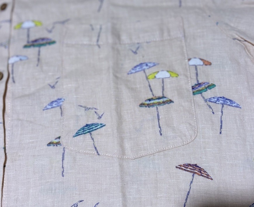 C&C California 100% Linen Button Up Shirt Pink Umbrella Seagulls Print Womens M