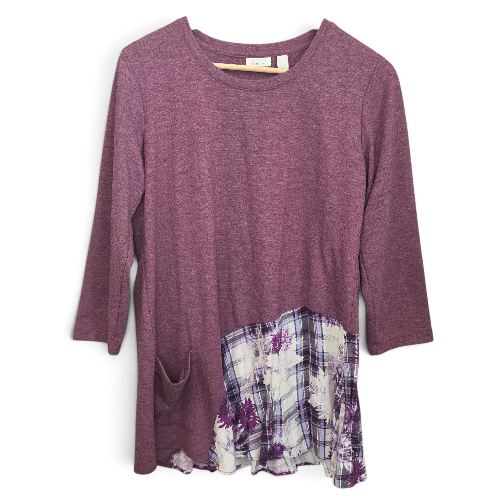 LOGO Lori Goldstein Top Womens Medium Purple Lounge Tunic Ruffle Pocket Casual