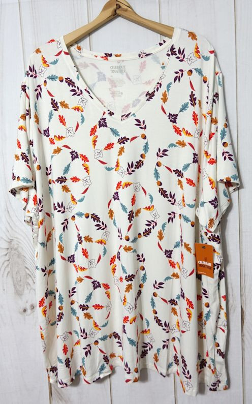 Celebrate Together V-Neck T-Shirt Women’s 5X Lightweight Ivory Peace Leaves NEW