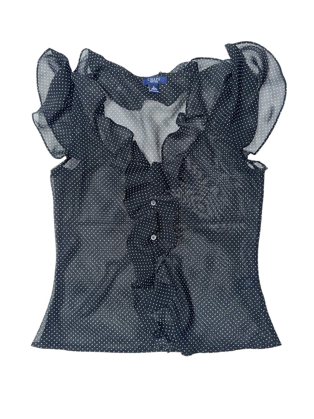 Preowned- Chaps Sheer Polka Dot Ruffles Sleeveless Button Front Top Womens (S)