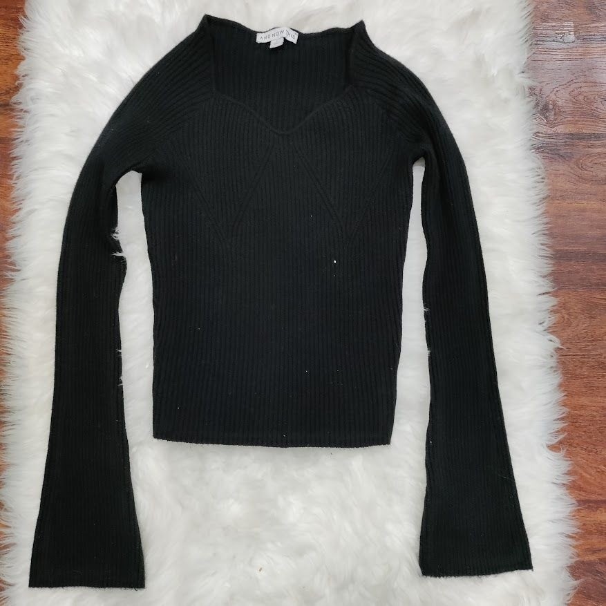 And Now This Womens Black Ribbed Long Sleeve Knit Top L