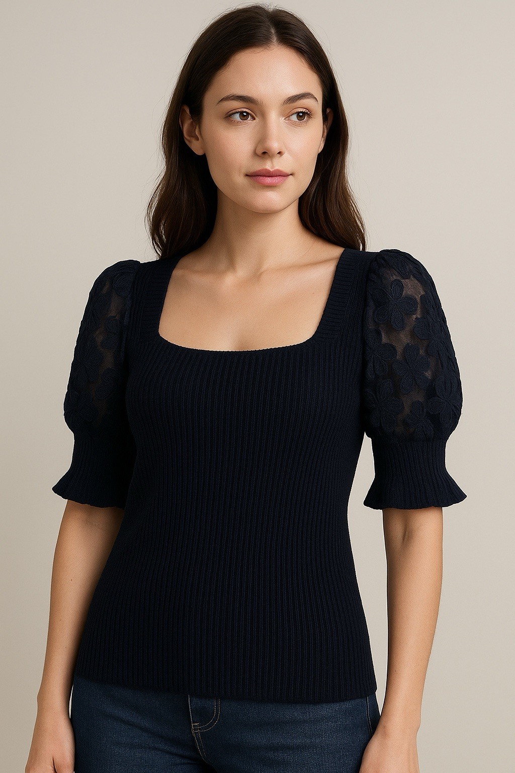 INDUSTRY Republic Ribbed and Embroidered Knit Top – Navy- Medium