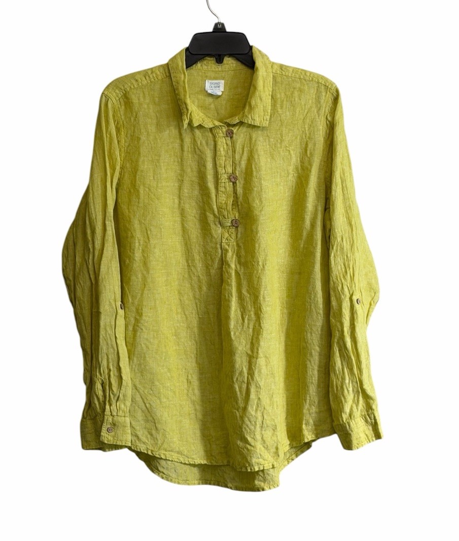 Sigrid Olsen XL Yellow Lime Linen Popover Tunic Roll Tab Lagenlook Coastal