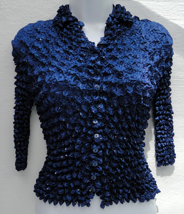 New Navy Blue Button Front Popcorn Long Sleeve Sparkling Blouse Top Shirt