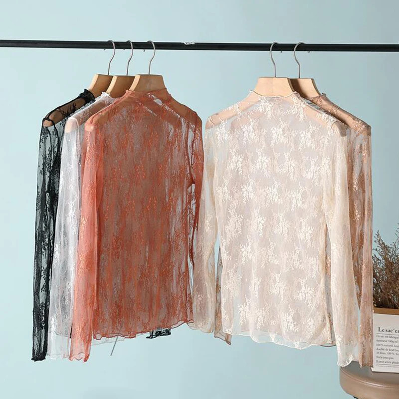 Sexy Women Mesh T-Shirts Transparent Lace Blouse Long Sleeve See Through Tops