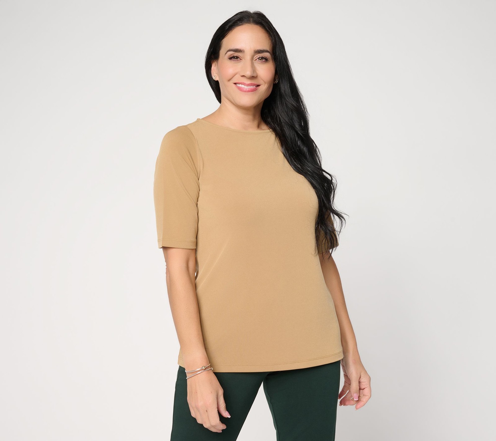 Susan Graver Women’s Top Sz M Essentials Liquid Knit Bateau Neck Brown A213063