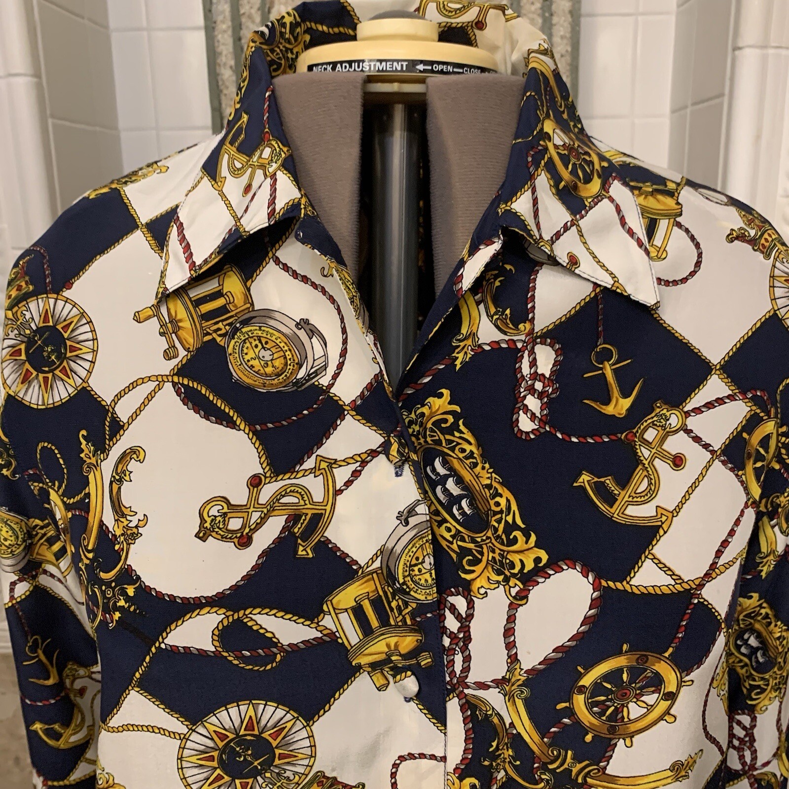 Vintage Quo Silk Nautical Shirt. Covered Buttons. Size M-XL. Dry Cleaned. WTC.